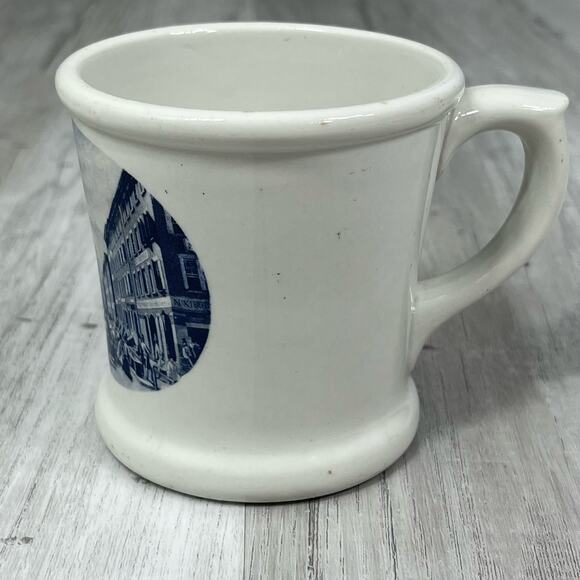 Vintage White Shaving Mug With Busy Ship Dock Scene In Blue - Picture 4 of 6